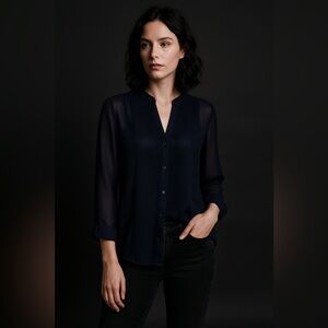 Fate Women’s Navy Blue Sheer Pleated Button Down Blouse Size S Romantic Goth